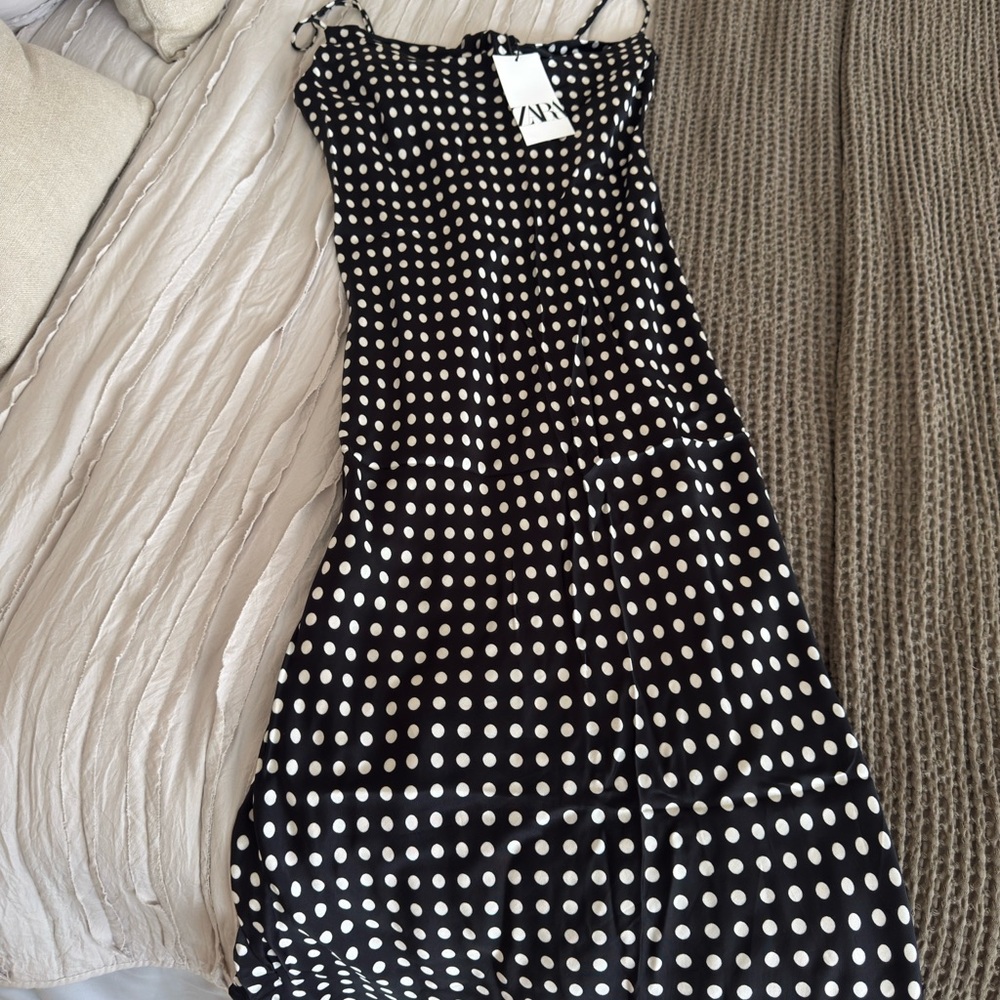 Zara Black and White Silk Maxi Dress with Spaghetti Straps